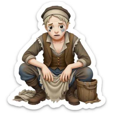 Poor Victorian laborer cowering dressed on rags sticker