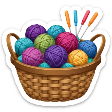 A woven basket filled with colorful yarn balls and knitting needles. sticker