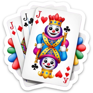 bunch of 3 poker cards, with crazy colorful jolly jokers inside sticker