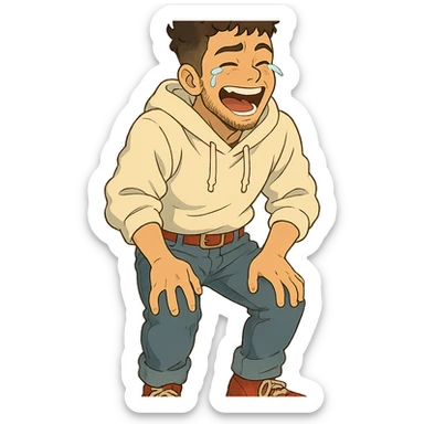 1 male, mid fade haircut dark chestnut brown curly hair, toasted lightskin, white hoodie sleeves up, fashion jeans, red fashion-sneakers shoes, red belt, short trimmed beard and goatee,  style of deku from "my hero academia", laaughing to the point of tears sticker