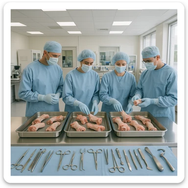 medical laboratory with surgeons and researchers observing and selecting pig joints from sterile trays, surgical instruments in the foreground, bright and clean environment, 4K quality sticker
