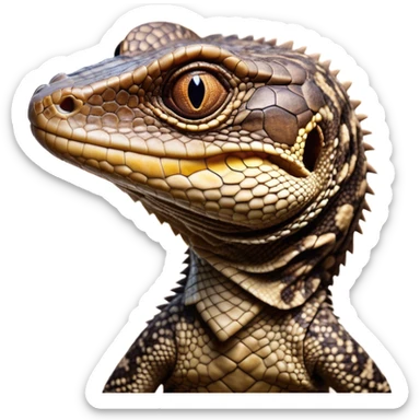 Cinematic Comical brown camo spotted monitor Lizard Portrait Emoji, Head tilted dramatically with an exaggeratedly shocked expression, featuring a robust, patterned body with wide, comically expressive eyes full of humorous disbelief, Simplified yet hilariously expressive features, highly detailed, glowing with a slightly sassy glow, high shine, dramatic yet playful, stylized with an air of quirky reptilian attitude, soft glowing outline, capturing the essence of a meme-worthy brown camo spotted monitor lizard that looks ready to side-eye its way into viral fame! sticker
