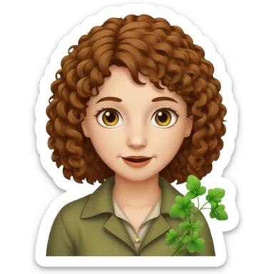 bust woman short curly brown mullet hair brown eyes white skin chewing clover stem, sarcastic grin sticker