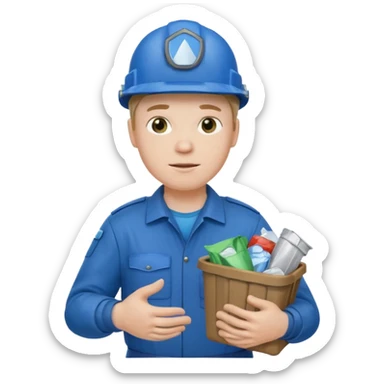 blue garbage man with blue helmet holding garbage  sticker