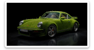Closeup shot of a porsche 911, body of car made of grass and flowers, black solid studio background, very dark room, top low key light, dutch angle, captured by ARRI 65 sticker