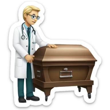 Doctor looking at a coffin sticker
