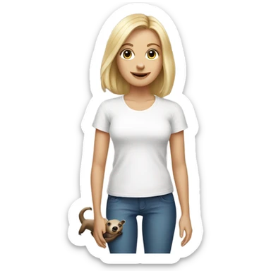 Lady with shoulder length blonde hair and blue eyes in white t-shirt holding a sloth sticker