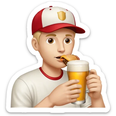 hipster flat bill baseball cap wearing man sipping on a pint of beer holding a half eaten hamburger in the other hand sticker