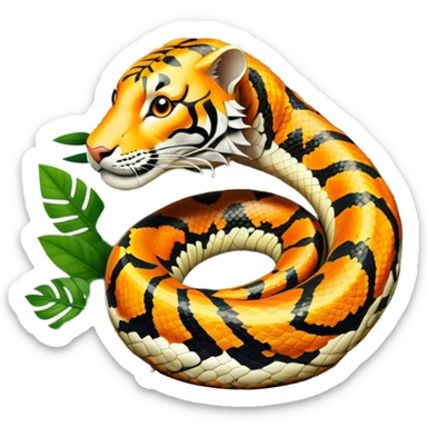 Tiger python coiled up on the ground, blending with the dense jungle foliage. Its distinct orange and black stripes stand out against the vibrant green of leaves and plants. Sunlight filters through the trees, highlighting the snake's patterned scales. Transparent background. sticker