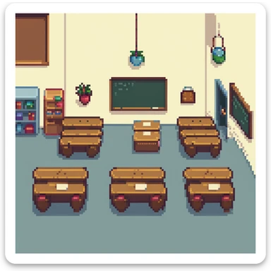 classroom with a group of students interacting in pixel art style sticker