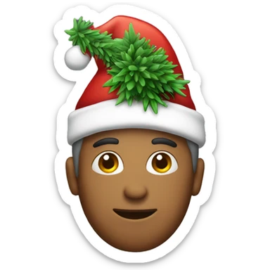 Person wearing a Santa hat holding a Christmas tree sticker