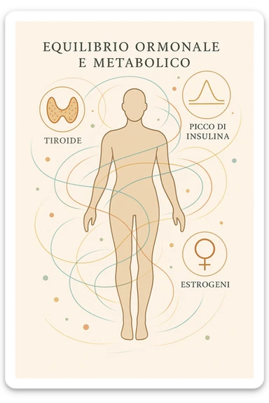 Il corpo è circondato da simboli delicati e bilanciati che rappresentano equilibrio ormonale e metabolico: piccoli cerchi, flussi energetici colorati, simboli stilizzati di tiroide, picco insulina, estrogeni. 4k immagine in italiano sticker