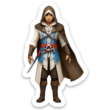 icon featuring Assasin's Creed in an iconic assassin's hood, standing tall against the backdrop of Florence. The design captures the essence of adventure, with intricate details of historical architecture and a sense of mystery. The character is poised, ready for action. transparent background. sticker