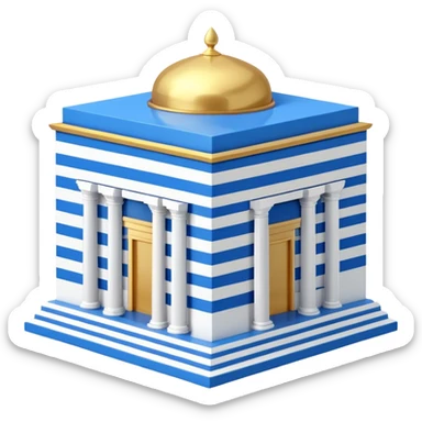 A cubic-shaped temple with smooth, clean edges and blue and white horizontal stripes along the walls. The structure has no pillars or columns. A Polished golden dome sits centered on top of the cube, with a smooth surface and no spiral or finial at its peak. The architectural style is minimalist  sticker