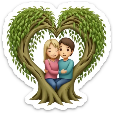 heart-shaped weeping willow tree with two people hugging inside the heart shape, with a small heart above them sticker