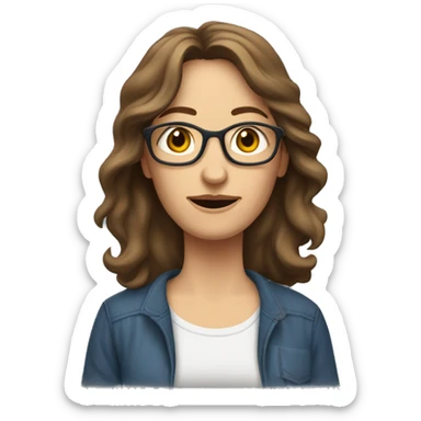 A middle-aged European woman, thin, with long, wavy brown hair. The woman has jeans and a loose T-shirt. She wears dark sneakers. sticker