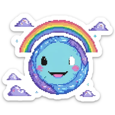 rainbow planet with colorful pixelated clouds and a happy winking face sticker