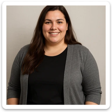 kräftige Frau mit langen braunen Haaren, neutraler Hintergrund, freundlicher Ausdruck, Oberkörper, moderne Kleidung, klare Details sticker