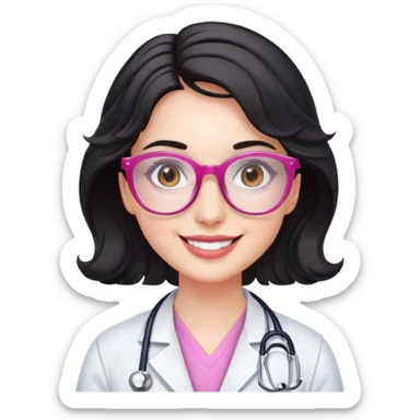 smiling doctor woman, brown eyes, white skin, long black wavy short hair with pink translucent glasses sticker