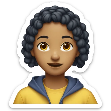 girl eating blueberries she has black hair and two braids. Her hair colour is black, but her texture of her hair is curly and wavy, and she looks south Asian, and she has light brown skin and she is wearing a yellow hoodie. sticker