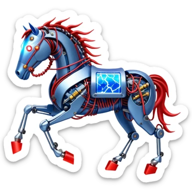Fast running electric horse made of electricity, metal plates, bolts, blue and red wires, with lightning emanating from its body sticker