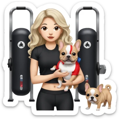 An Asian Lady With Long, Loose Curls, Ash Blonde Balayage Hair, In A Black Gym Outfit, Holding A French Bulldog sticker