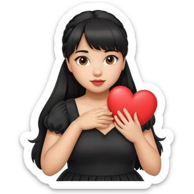 Latina girl with bangs black long hair in pony tail plus size black dress holding a heart sticker