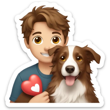 boy with brown hair holding a light brown border collie with love hearts around them  sticker