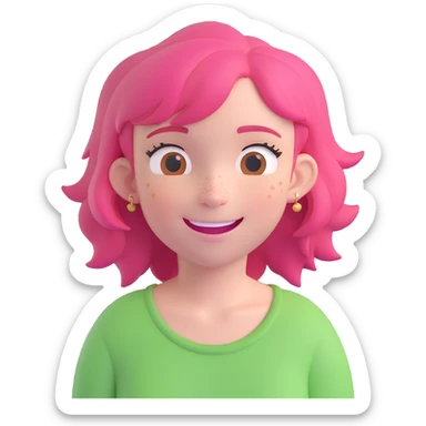 Redraw the character in 3D Disney style with the same happy expression, pink hair, and freckles. Maintain a transparent background. sticker