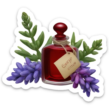 Dark red dreamy perfume bottle with red lupines and an old-fashioned letter seal sticker