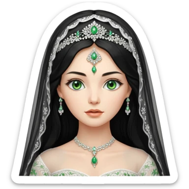 Hyper Realistic ornate ballgown long sleeve Wedding dress with diamanté on Russian bride with green eyes and long black hair with veil hyper realistic  sticker
