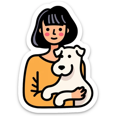 Black girl with short bangs holding a white schnauzer dog sticker