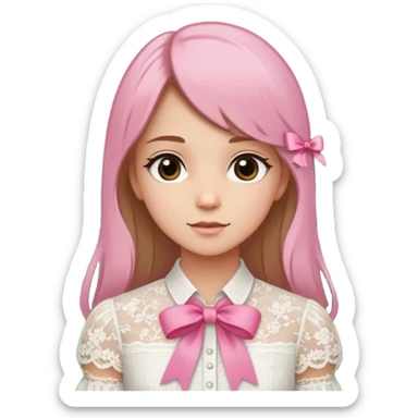  A girl with straight hair, a pink ribbon in her hair, and a white lace blouse, standing in a blooming garden. sticker