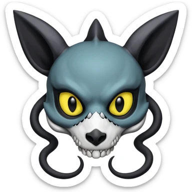 Gothic spooky Scaley Exotic Salandit-Umbreon-Noibat-Fakémon-hybrid-creature (full body), white skull face mask sticker