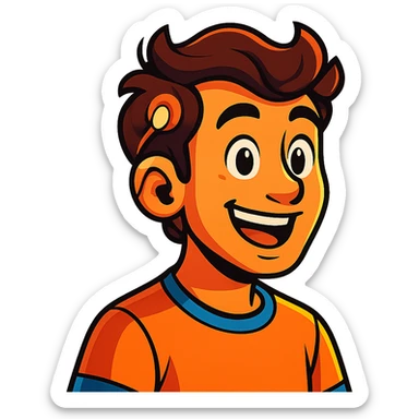 vibrant toon style man with a visible cochlear implant sticker
