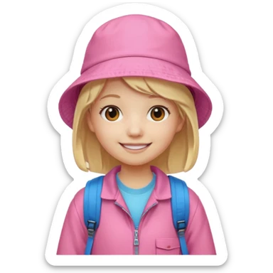 A student white skin, blonde hair, with pink bucket hat, orange jacket, blue backpack sticker