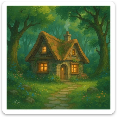 cozy cottage in a magical forest sticker