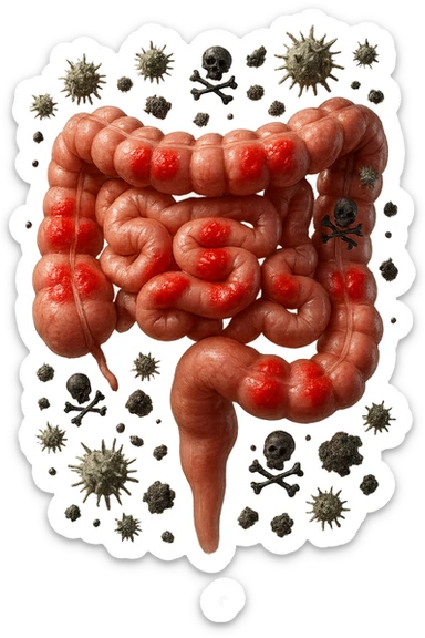 intestino anatomico realistico con red spot di infiammazione CON VARIE PARTICELLE TOSSICHE CHE CERCANO DI ATTACCARLO, IPERREALISTICO 4K sticker