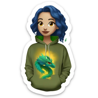 420 Lady with brunette and iridescent blue hair, hemp, gold, green dragon wings, maroon hoodie, 420, black and gold Nike t shirt, and bright red eyes sticker