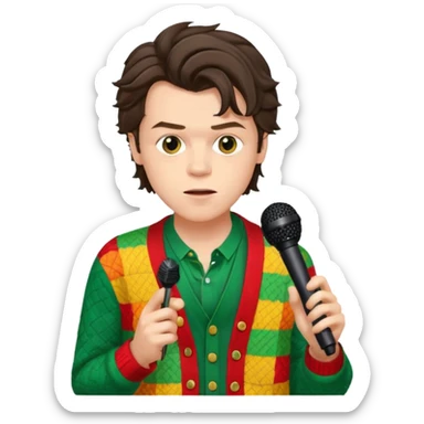 harry styles with a mic, he is wearing a patchwork colorful (red, yellow,green) cardigan sticker