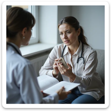 woman consulting doctor showing orthopedic insole, expression of pain, realistic style, medical environment sticker