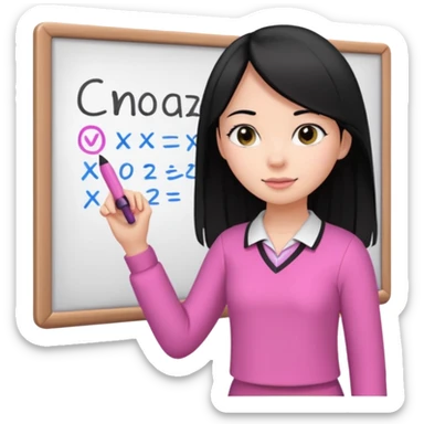a girl with black straight like hair wearing pink not hot pink 2 piece set teaching up on a board sticker