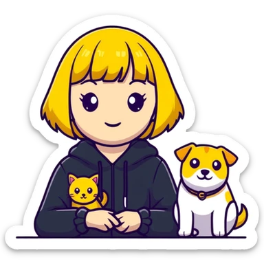 Girl with yellow bangs with pets sticker