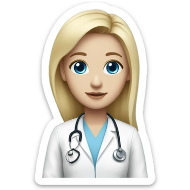 Blonde doctor with blue eyes, light skin, wearing baby blue scrubs and doctor white coat sticker