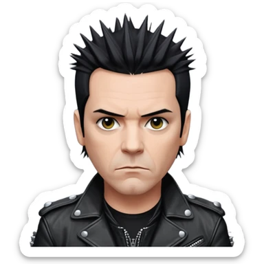 Richard Kruspe, guitarist of Rammstein, signature spiky dark hair, intense gaze, black leather jacket sticker