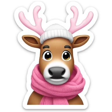 Pink reindeer wearing a scarf and ear muffs sticker