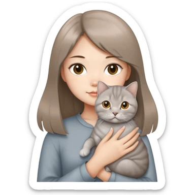 Chinese girl with light brown half long hair holding a British shorthair silver cat sticker