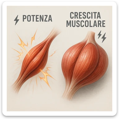 hyper realistic image of fast contracting muscle fibers, expanded hypertrophic structure, Italian text 'potenza', 'crescita muscolare', energy symbols, anatomical details, clinical atmosphere, neutral background sticker