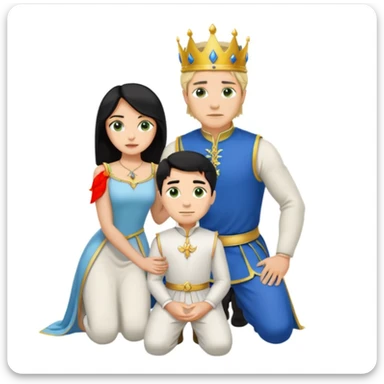 Man as king, standing, black Hair, blue eyes, woman, blonde, green eyes, shott white sleveless Dress, kneeling, background palace sticker