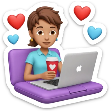 3D clay character relaxed with laptop and coffee, floating icons (hearts + dollars), colofrful modern outfit, white laptop, Pixar style, transparent background sticker